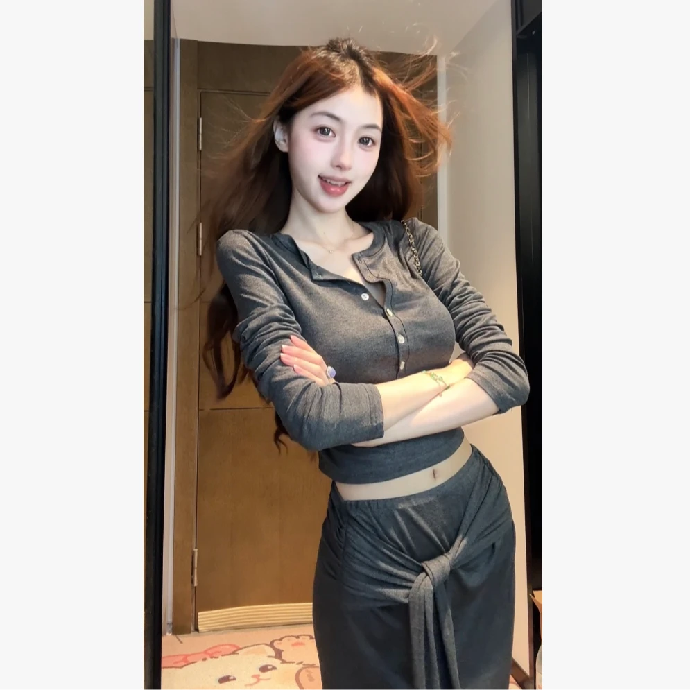【XIAOBAWANG】纯欲风辣妹风时尚慵懒风长裙森系时尚套装法式长袖W