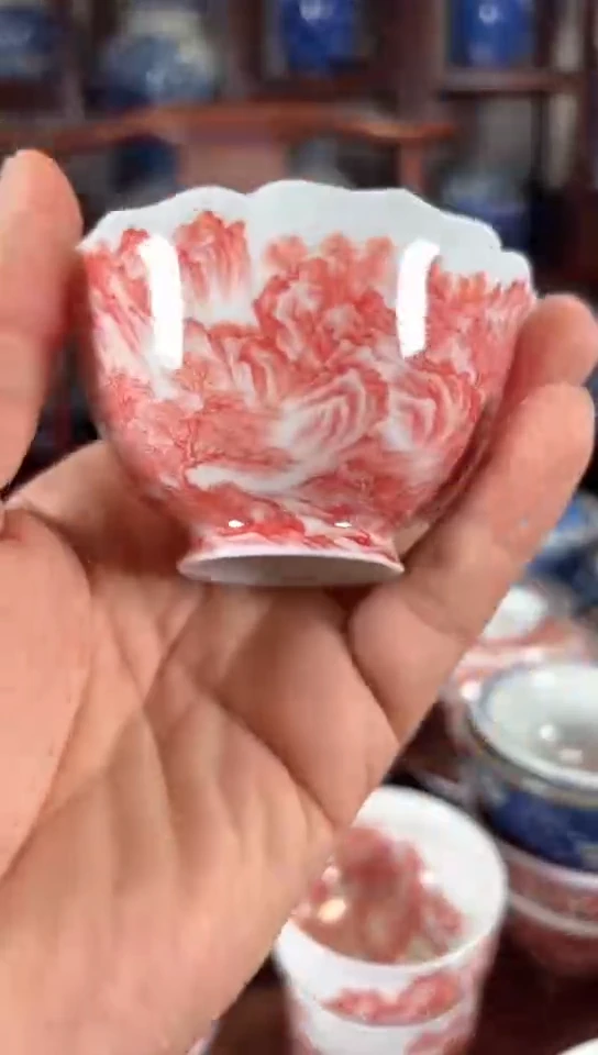 柴窑釉里红山水花口杯杯