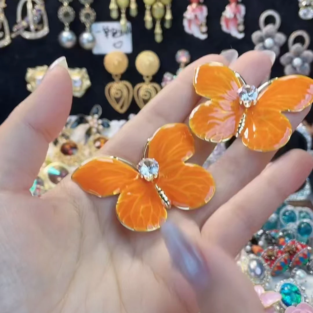 黄铜锆石耳饰 2423 黄蝴蝶百搭法式复古中古简约珐蝴蝶结精致耳扣