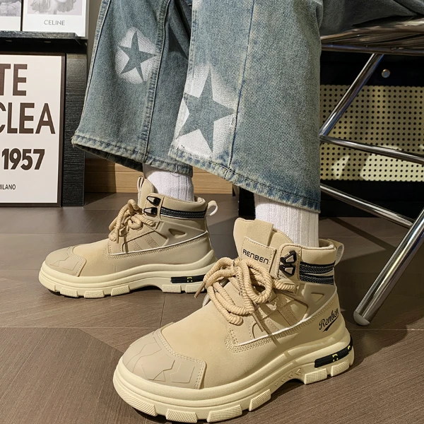 人本马丁靴男鞋欧美风2025春季新款高帮英伦风户外登山中帮工装鞋