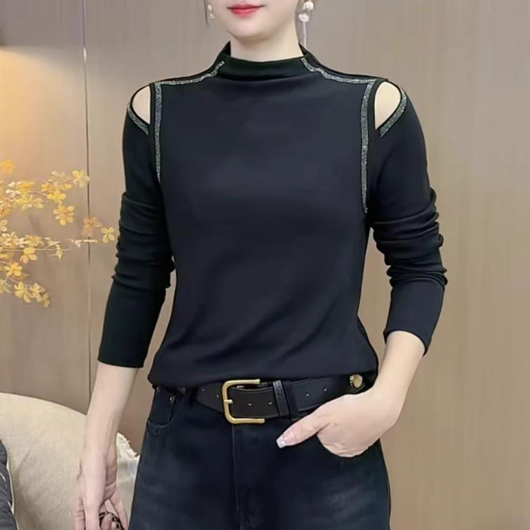 秋冬新款半高领烫钻弹力百搭打底衫黑色显瘦长袖T恤叠穿上衣内搭
