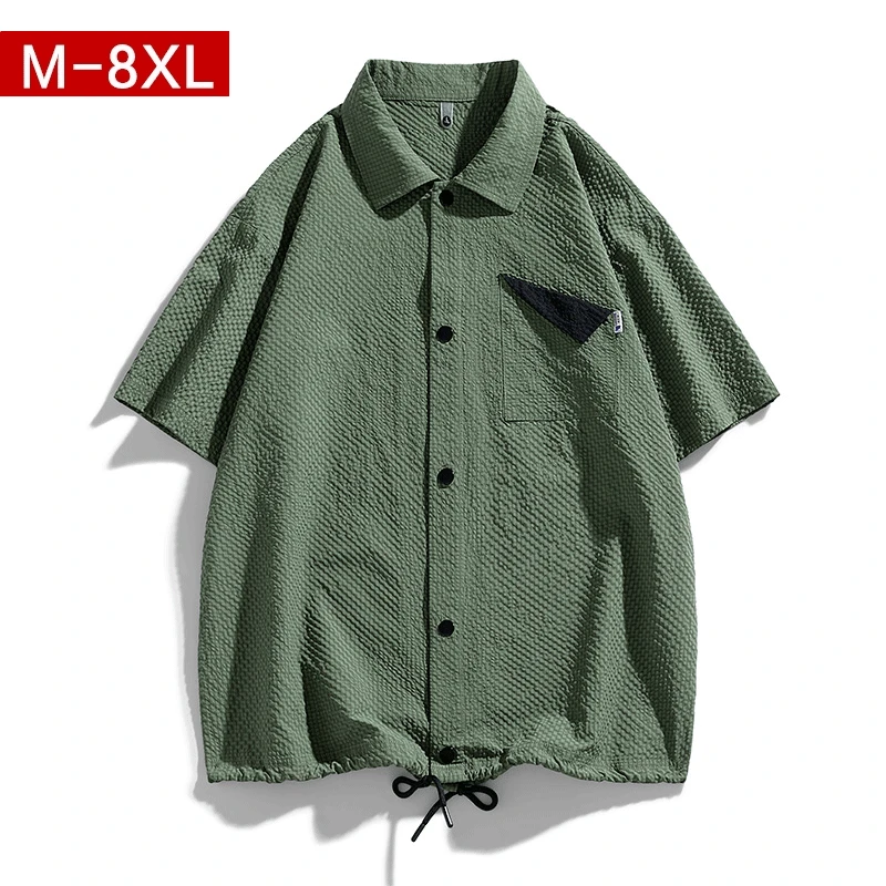 特大码男装夏季衬衫短袖宽松薄款痞帅潮牌加肥加大胖子衬衣男冰丝