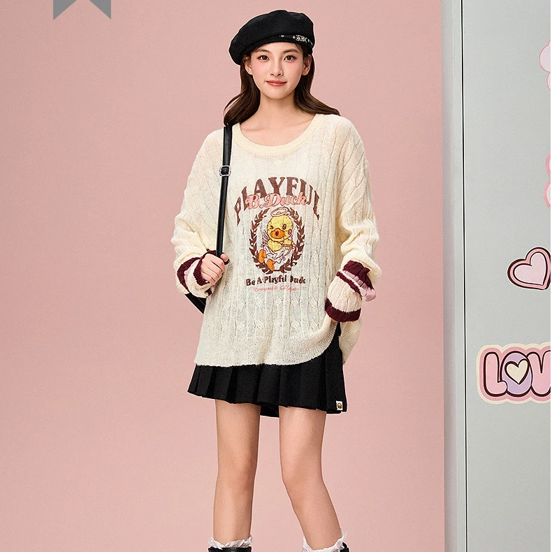 【柏林校园GIRL】B.Duck小黄鸭2025年春季学院风宽松轻薄印花针织衫