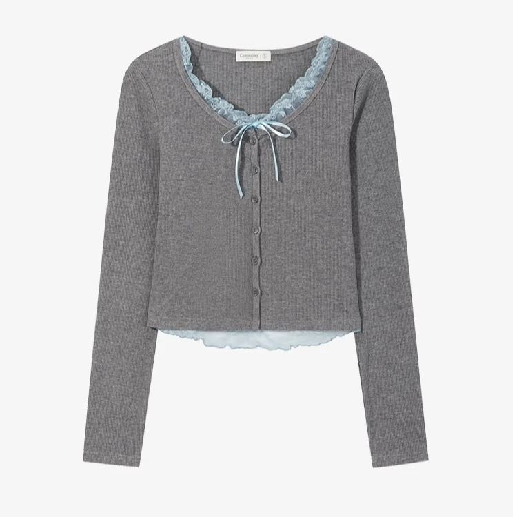 羊城故事-假两件拼接蕾丝上衣女撞色叠穿短款显瘦打底衫Y50147795