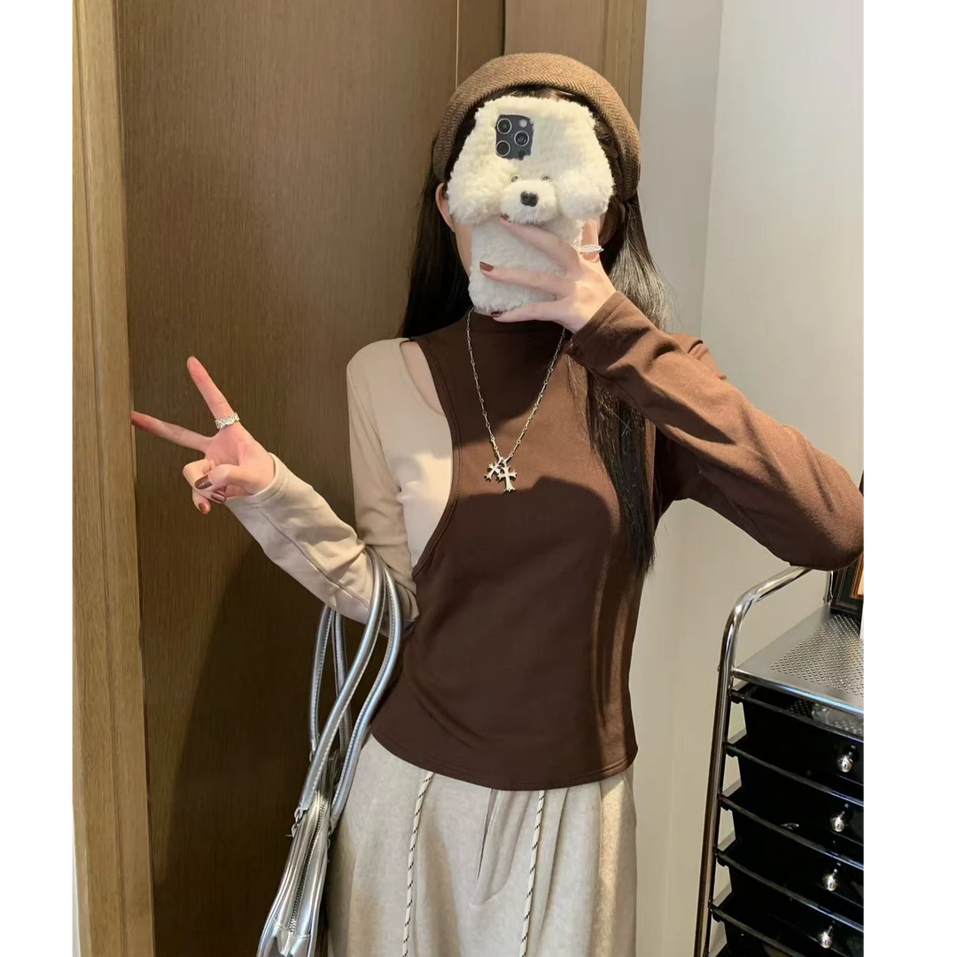 2025秋冬新款性感辣妹长袖复古修身显瘦时尚气质百搭撞色T恤女