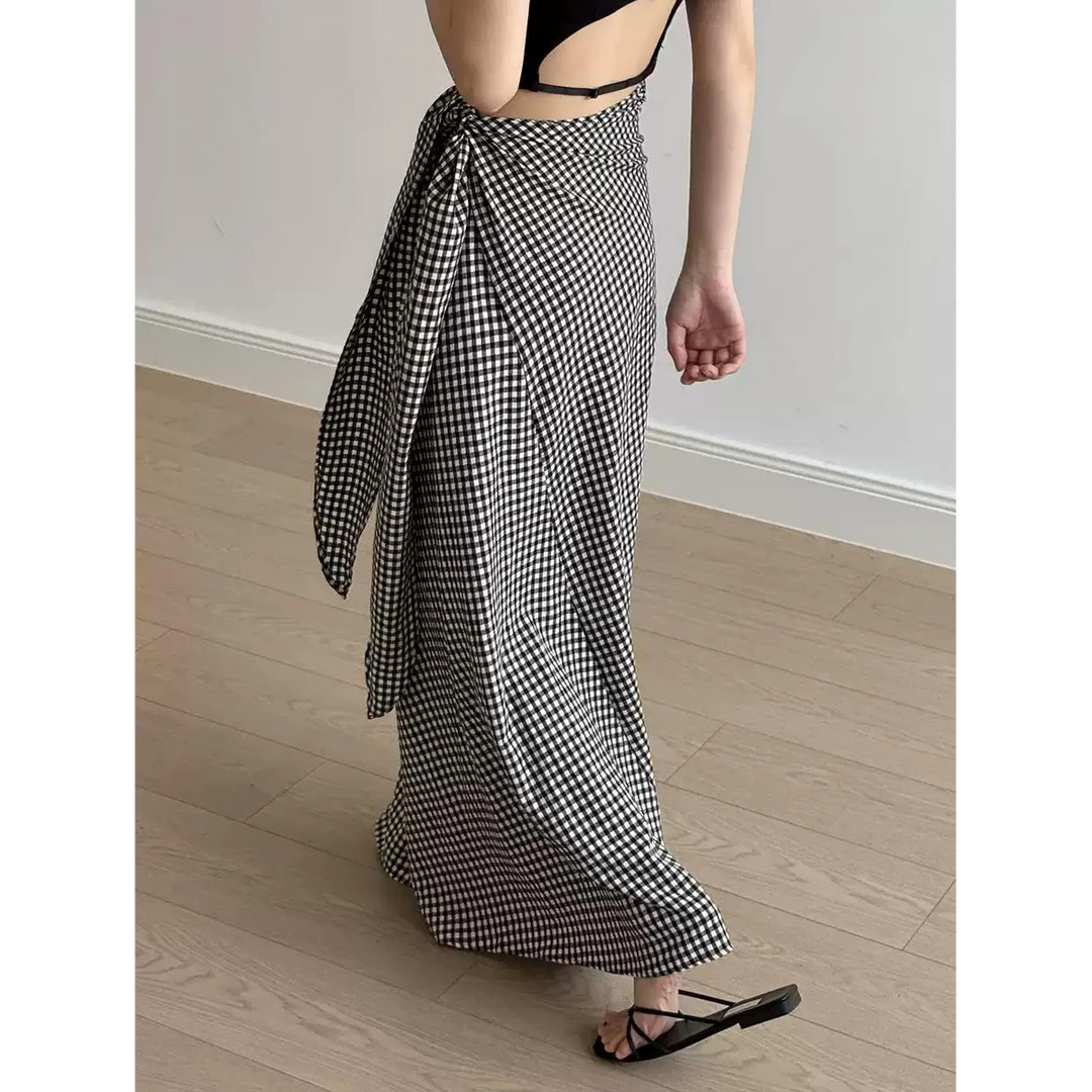 一片式绑带包臀半身裙女春夏新款时尚复古小众宽松拖地格子长裙