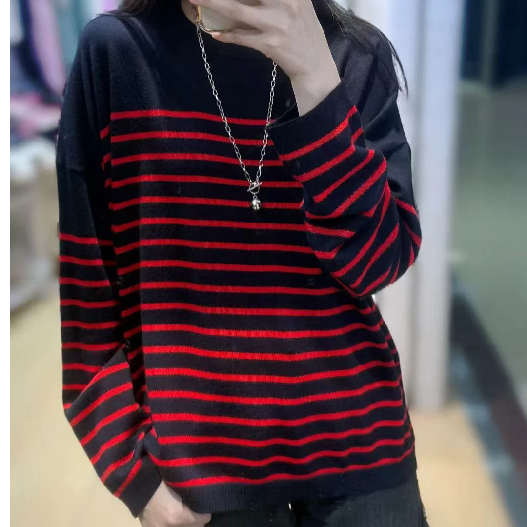 条纹毛针织衫复古撞色女针织上衣女装秋冬百搭