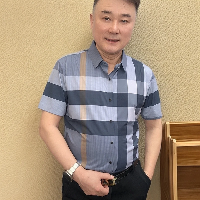 9806金）夏季男士条纹短袖衬衫商务休闲薄款格子衬衣百搭