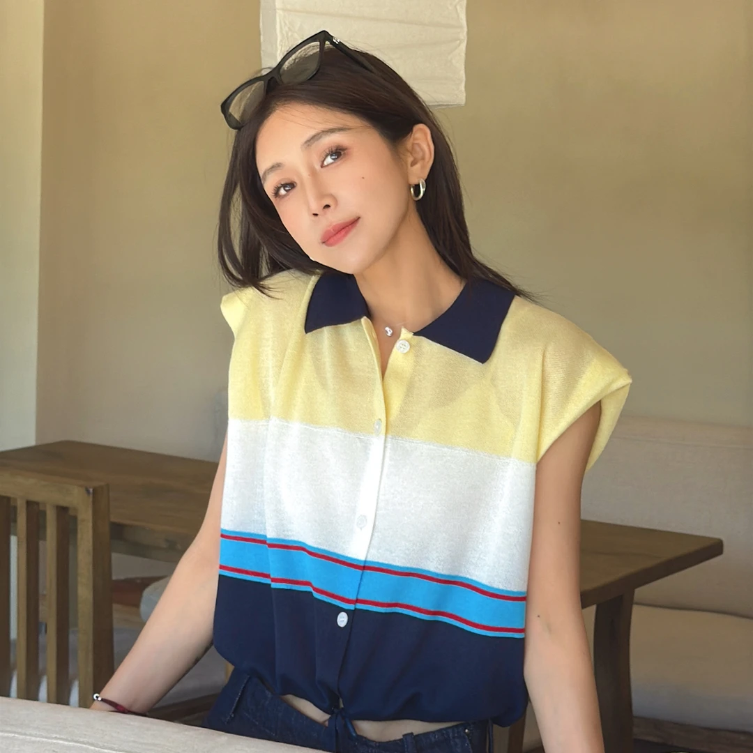 LYXZ x 大小与【茉海听风】夏季新款撞色拼接下摆绑带针织开衫78912