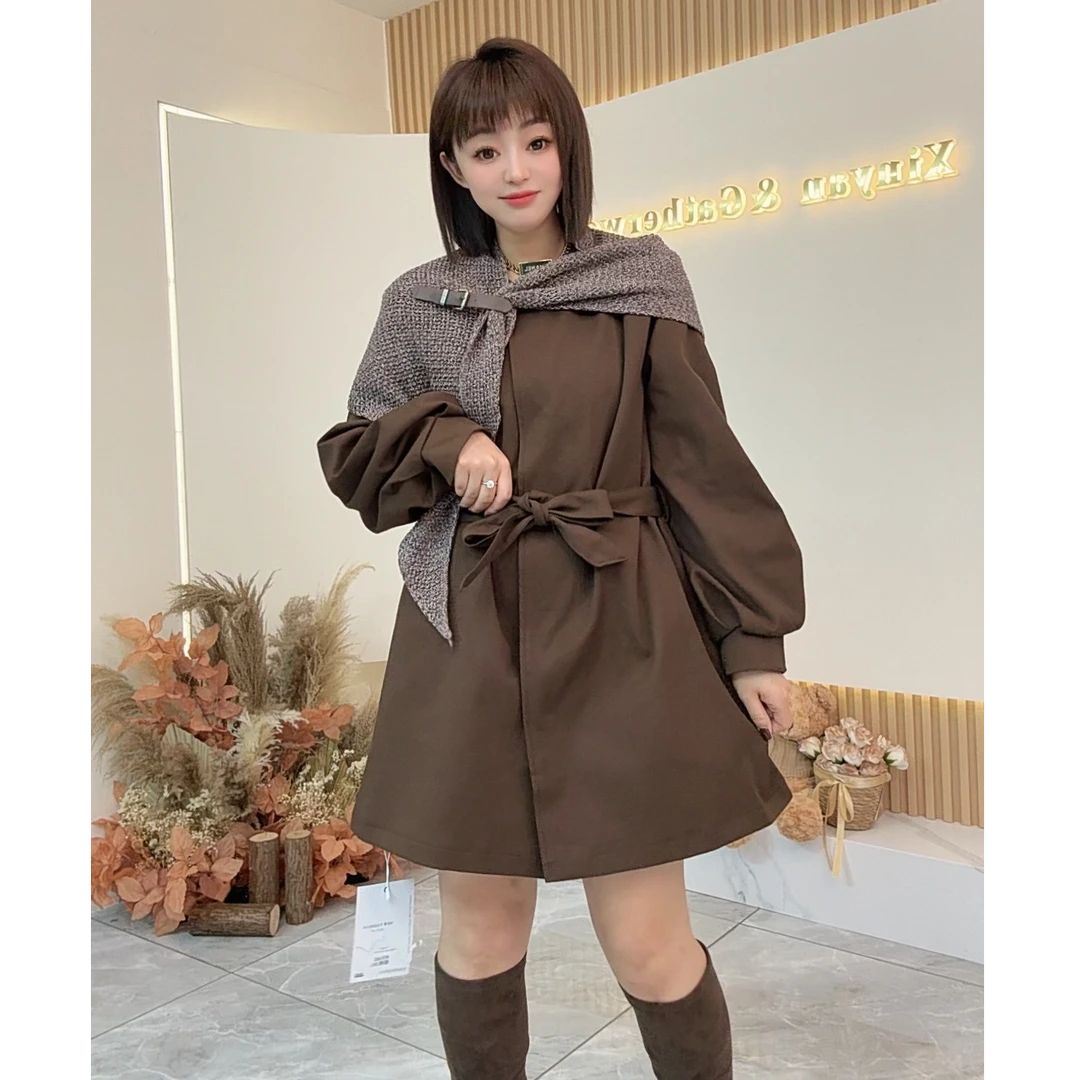 【鑫焱甄选】女圆领中长款灯笼袖法式秋季风衣秋冬百搭显瘦遮肉百搭
