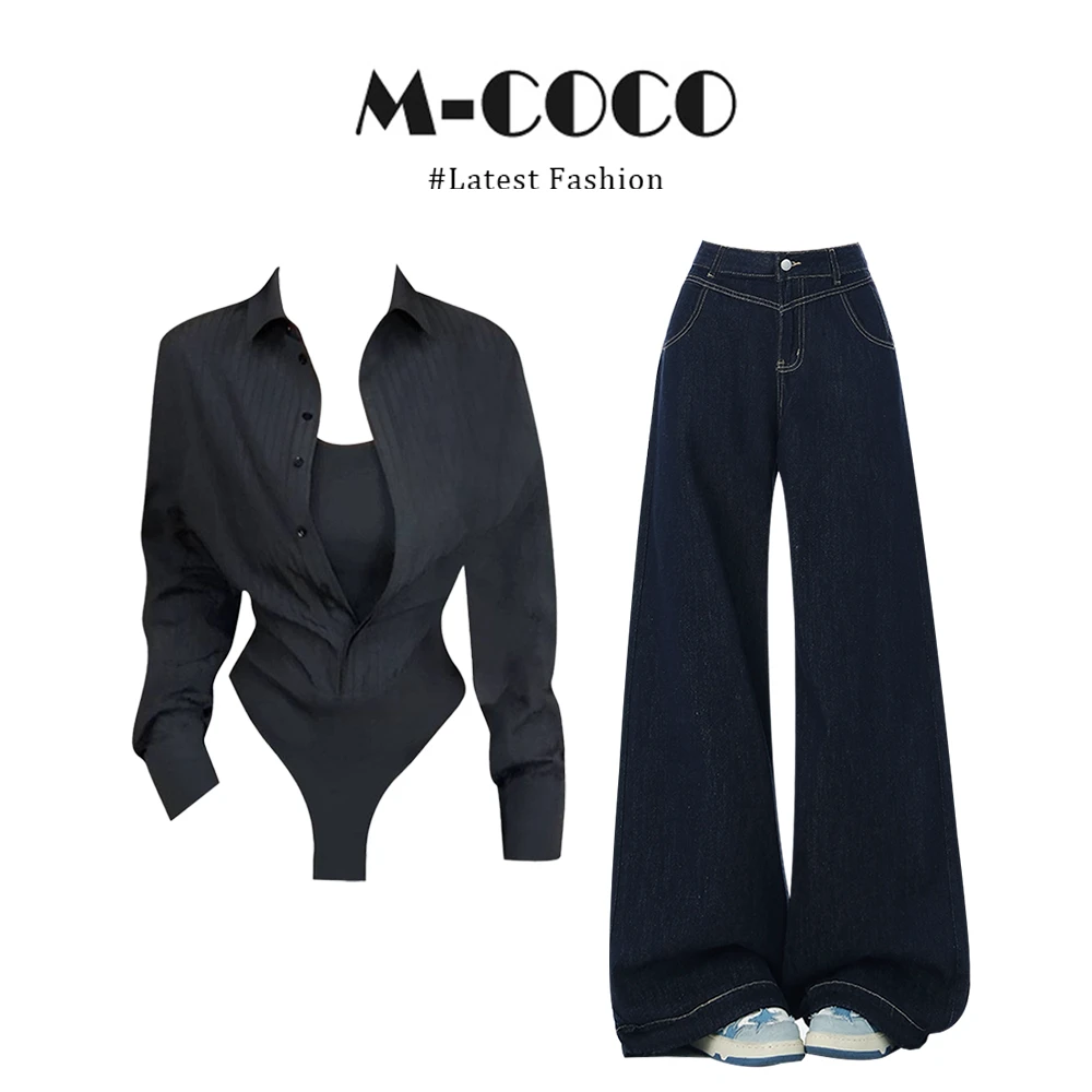 【同款优选】韩系辣妹风黑色假两件长袖连体衬衫搭直筒牛仔裤两件套