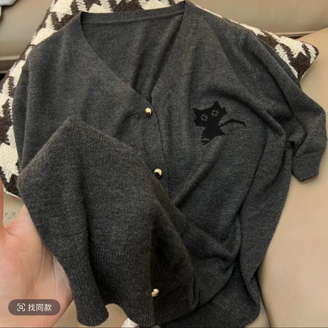 芮初3210【小猫提花中袖开衫】版型好！韩系简约春款百搭休闲小衫