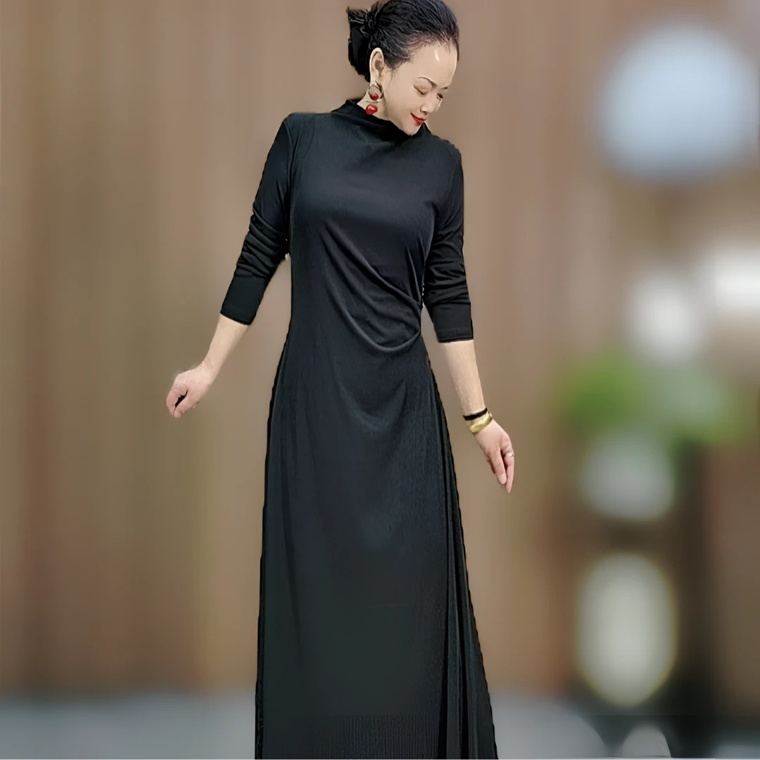 9245款 长款连衣裙 春季新款 气质长袖 时尚显瘦 修身黑色中长款