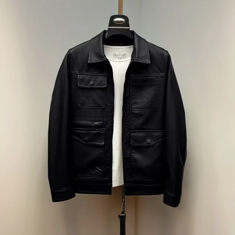 男士时尚潮流春秋季黑色经典休闲百搭气质帅气翻领修身皮衣黑色