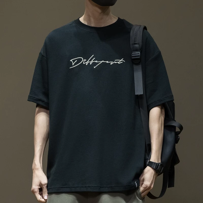 Cebrodz肌理感刺绣短袖T恤男2025夏季新款240G重磅宽松大码落肩袖