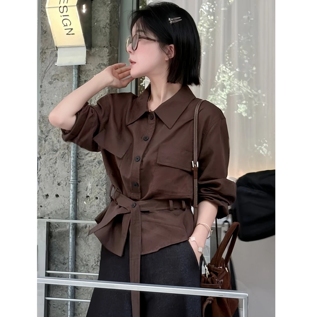 Polo领气质收腰绑带长袖衬衫女2025新款早秋季高级感显瘦衬衣上衣