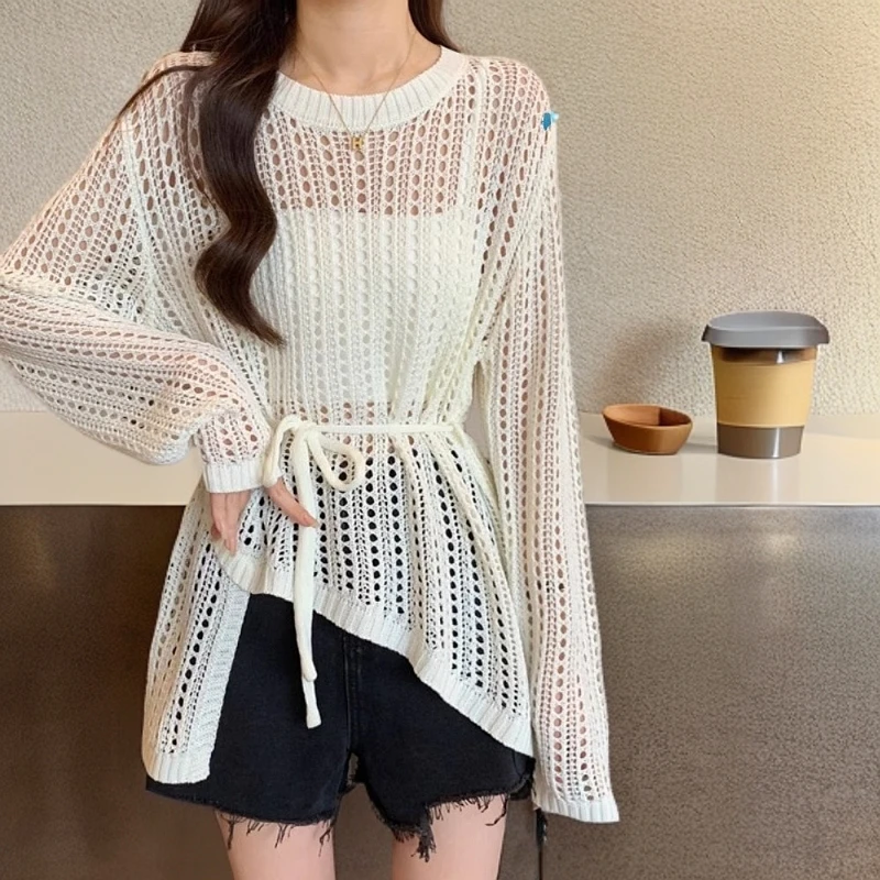 夏季薄款慵懒风空调罩衫圆领不规则钩花镂空针织衫外穿简约百搭范