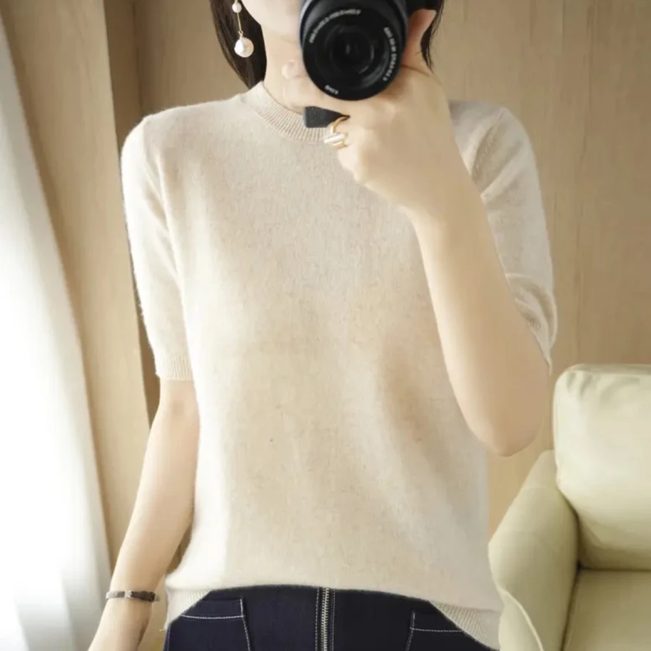 春夏圆领显瘦短袖毛衣女宽松韩版半袖针织打底衫百搭