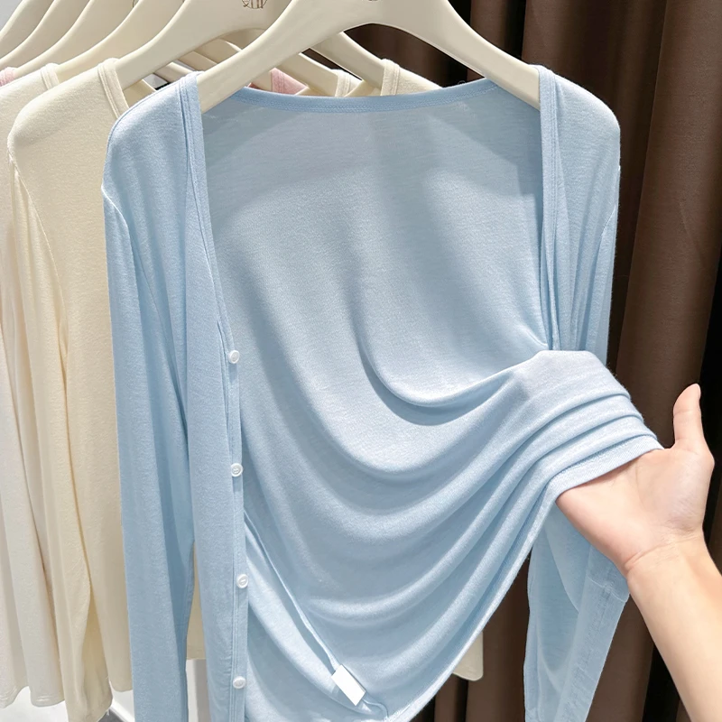 莫代尔蓝色防晒针织开衫女薄款夏季高级感吊带裙外搭披肩冰丝上衣