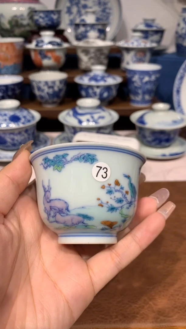 【闪购商品】摆件73斗彩鹤鹿同春的杯子额