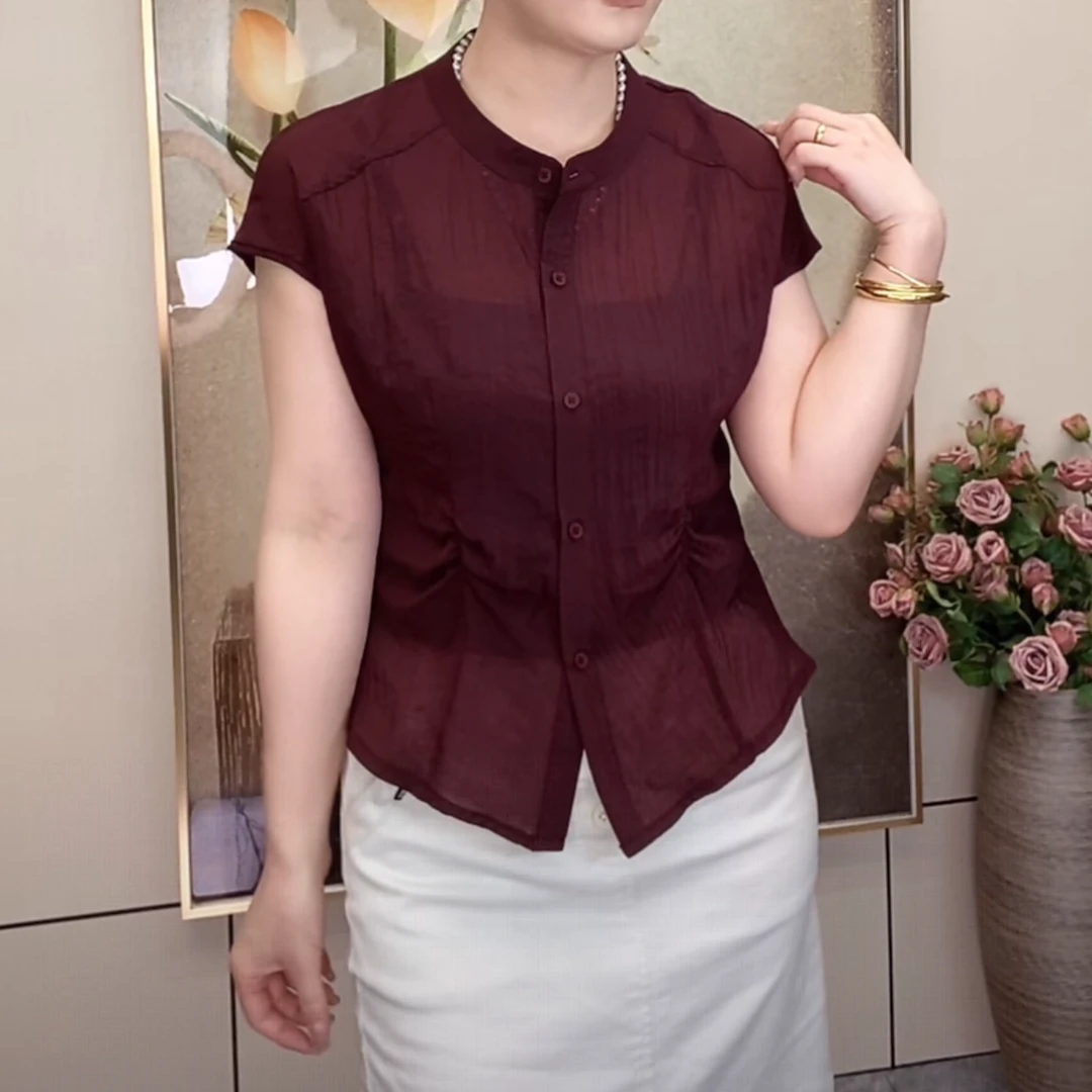 2025夏季新款时尚收腰褶皱纯色短袖t恤女圆领小衫百搭上衣