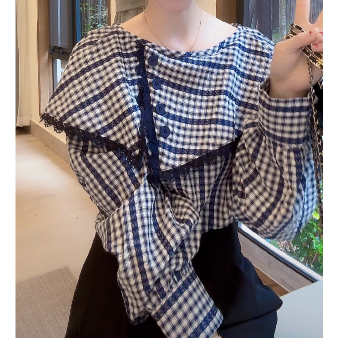 春季新款韩系洋气格纹设计感时尚百搭减龄不规则翻领长袖衬衫上衣