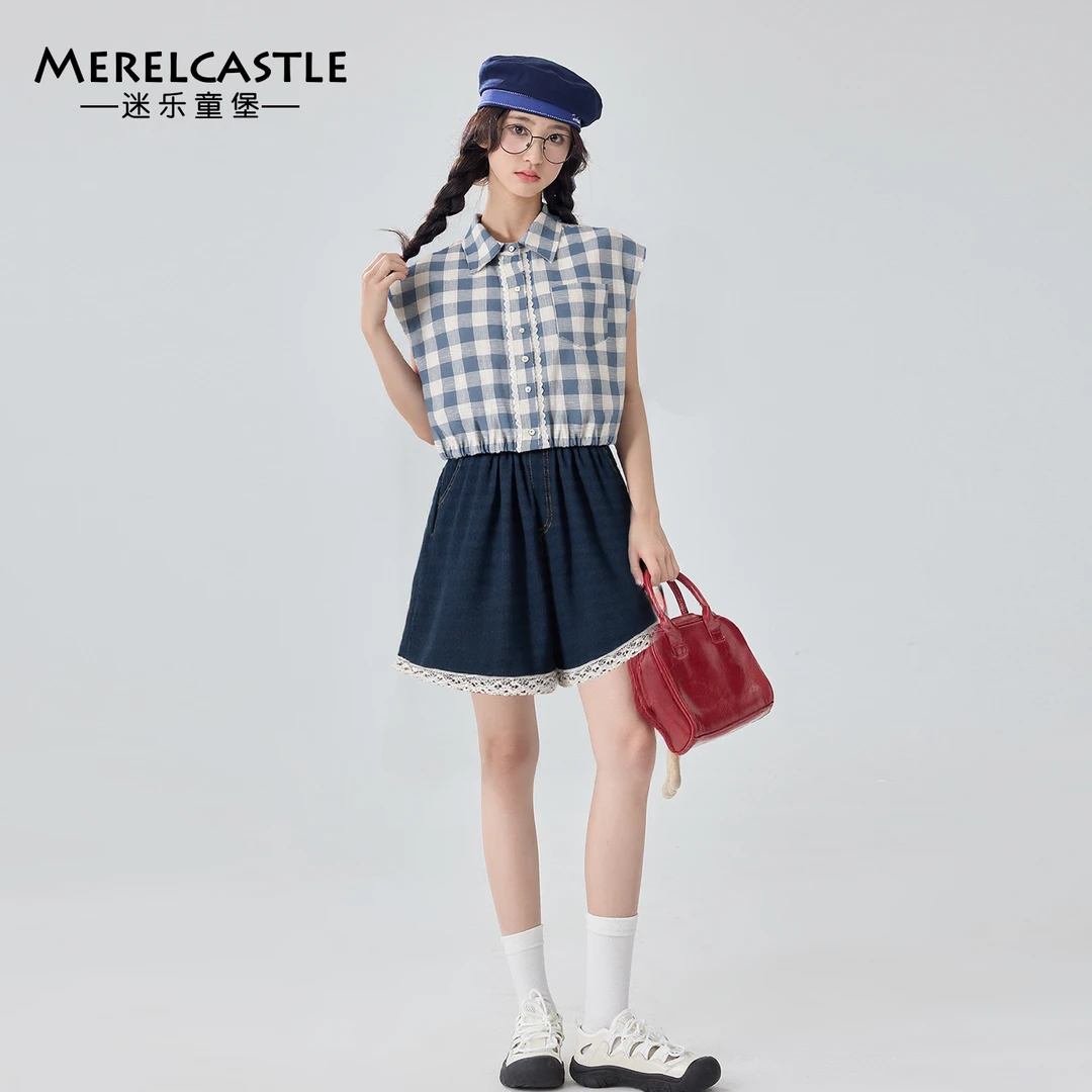 C5575女童夏季格子小衫套装初中生时尚夏装2025新款洋气两件套