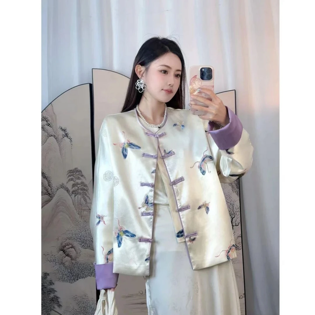 长袖直襟加厚宽松上衣网红圆领唐装薄款常规款中国风秋冬秋季