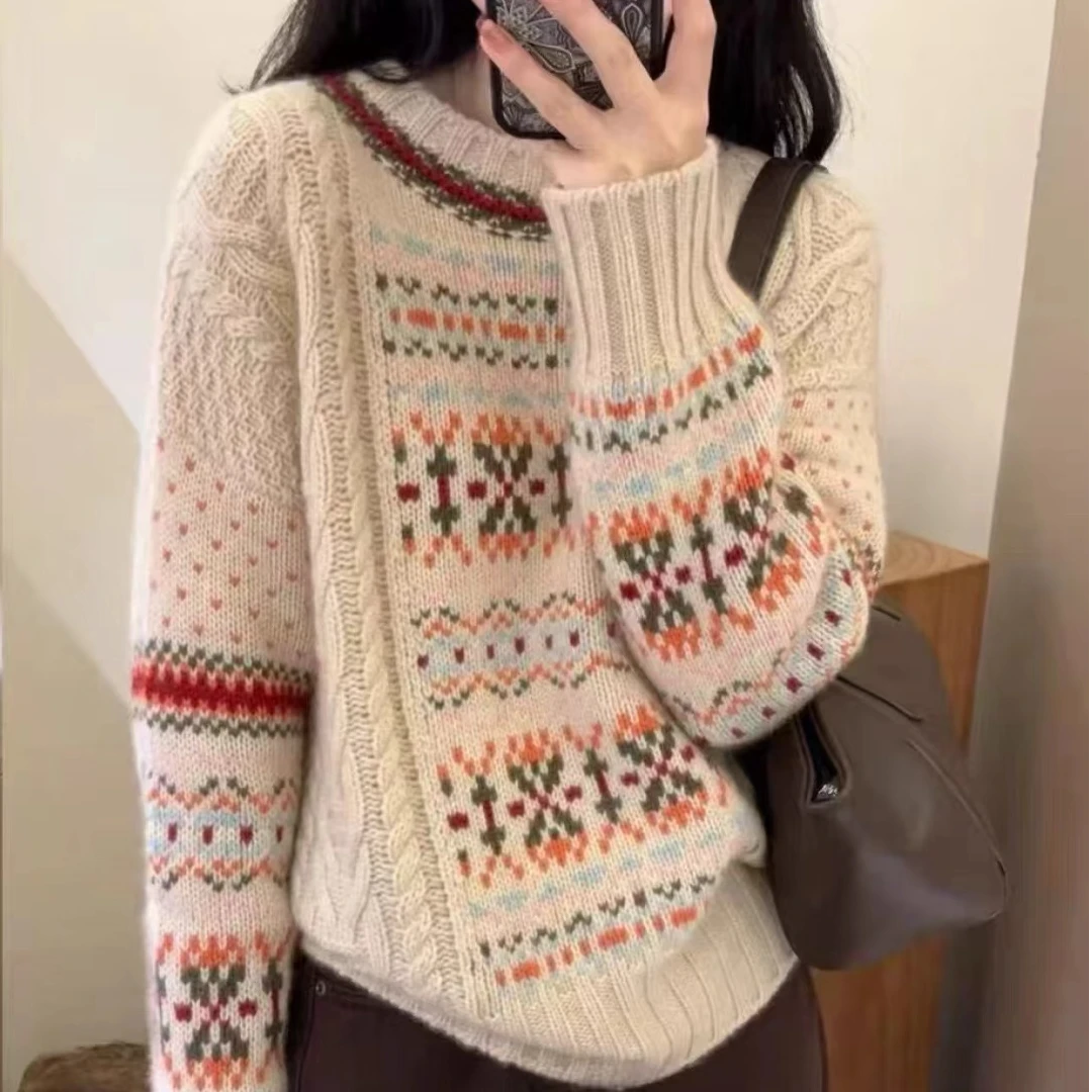 纯山羊绒加厚提花菲尔岛套头毛衣重磅重工打底衫