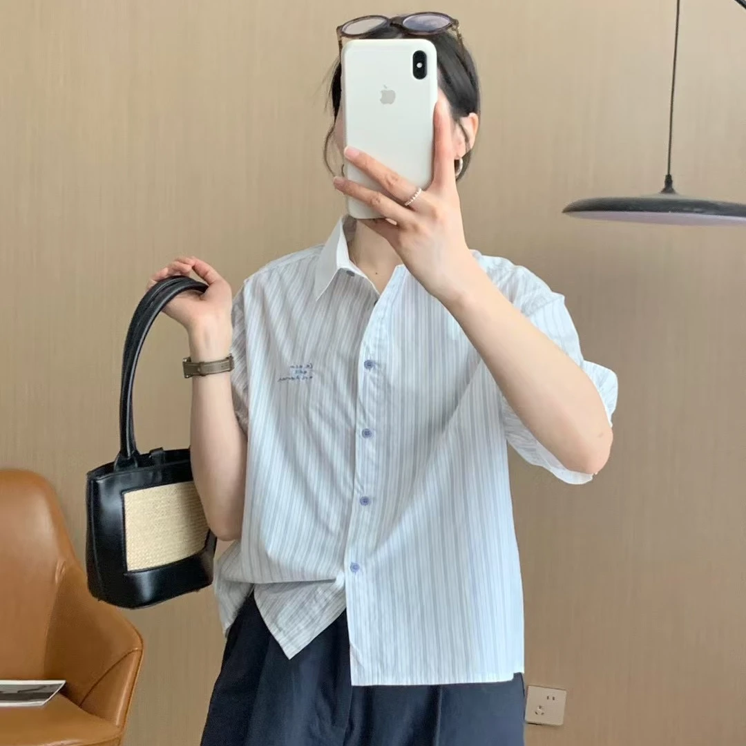 夏季衬衫条纹 宽松刺绣常规 翻领短袖夏款韩版