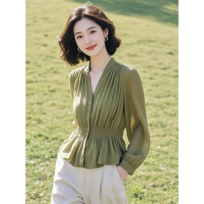 SS118小众通勤穿搭重要场合小衫设计感绿色收腰衬衫超好看上衣