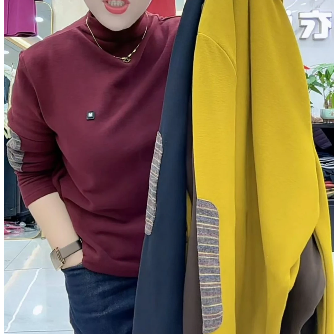 加厚半高领长袖打底衫宽松型常规女休闲显瘦德绒