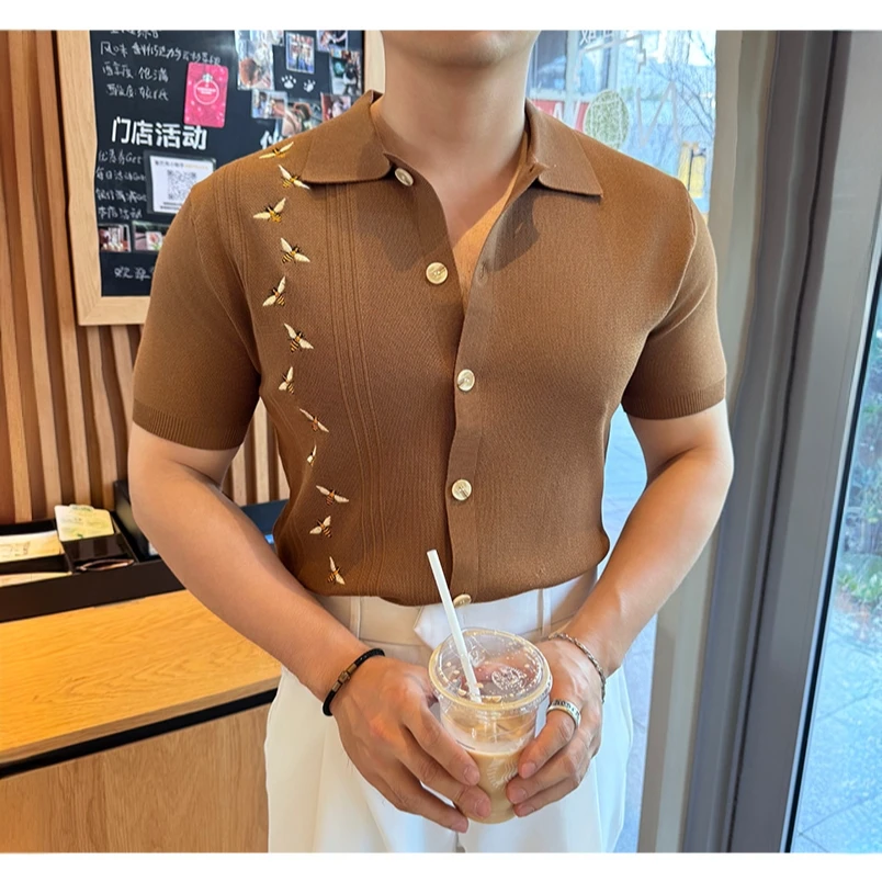 吉伦略索刺绣针织冰丝polo衫男士短袖夏季薄款开衫舒适高级感t恤