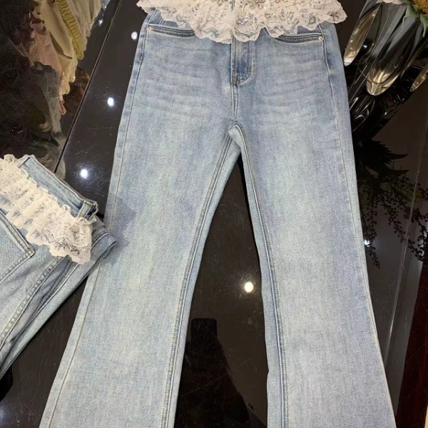 淑雅阁服饰 蕾丝微喇牛仔裤修身喇叭裤女0178