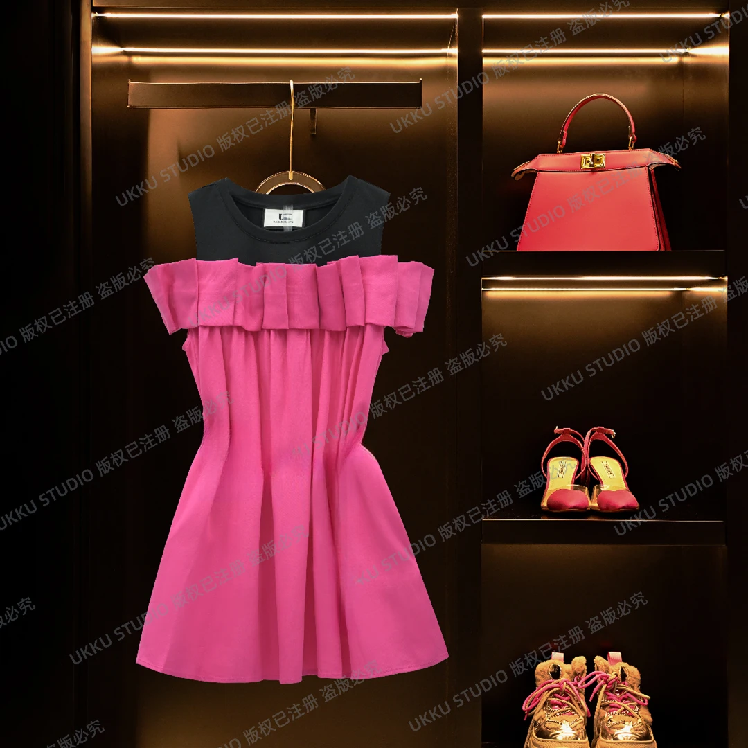 【UKKUSTUDIO】法式赫本风时尚轻奢露肩粉色假两件裙312464