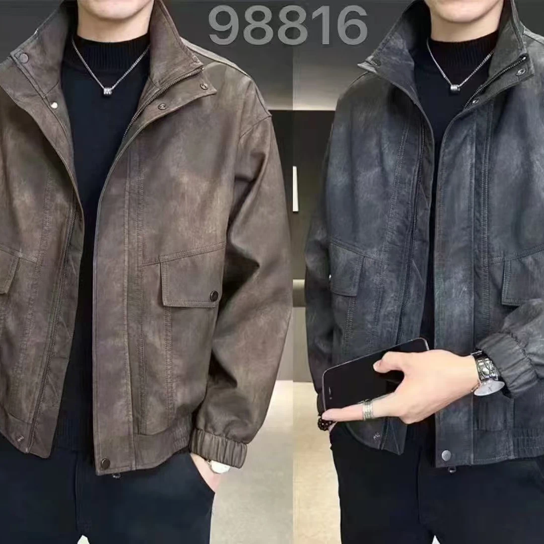 秋季新款水洗扎染软PU皮衣立领夹克外套98816