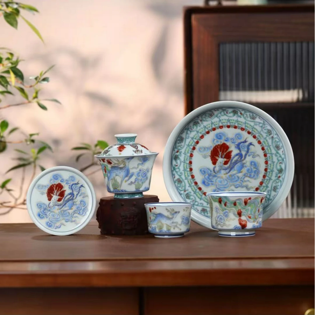 景德镇斗彩高端九色鹿手工五件套茶具瓷盖碗中式礼盒家用陶瓷茶杯