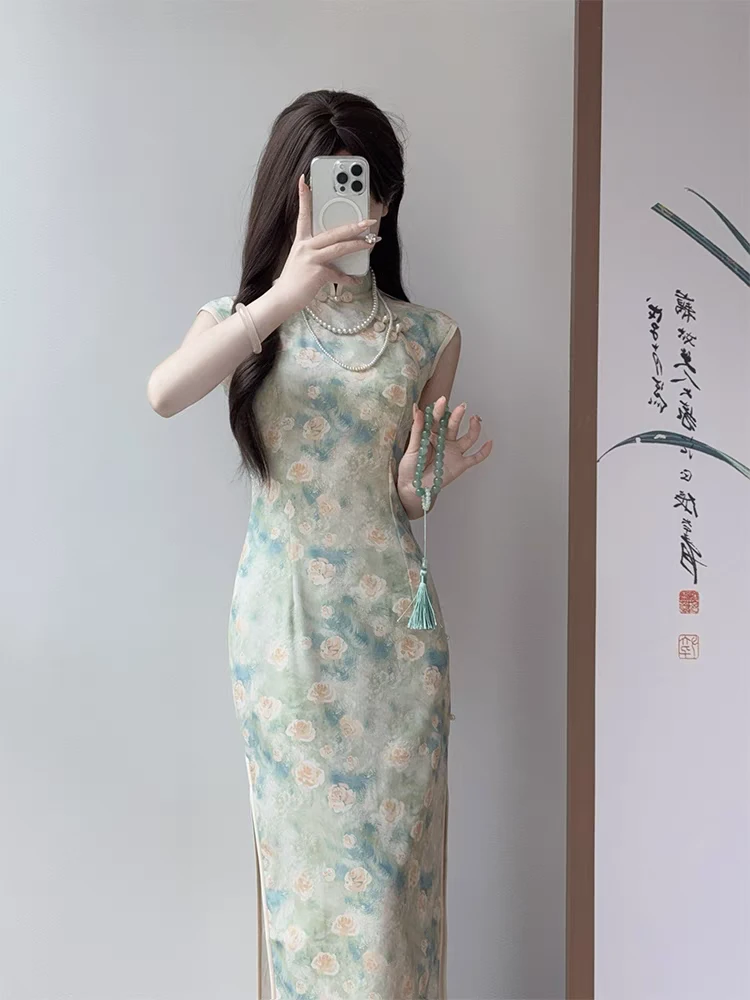 （蔷薇）123长双层无袖后拉链旗袍修身改良年轻日常穿春夏季