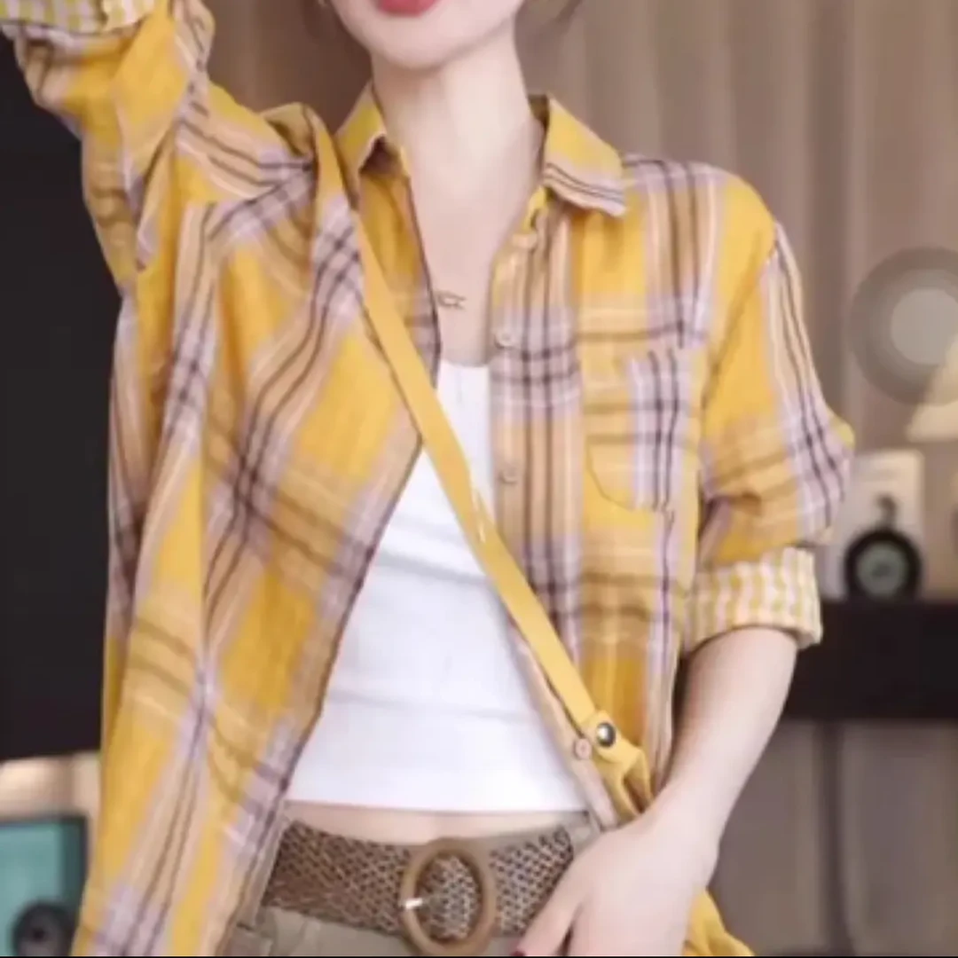 复古印花格子衬衫百搭韩版单面衬衣2025春夏新款高级感上衣
