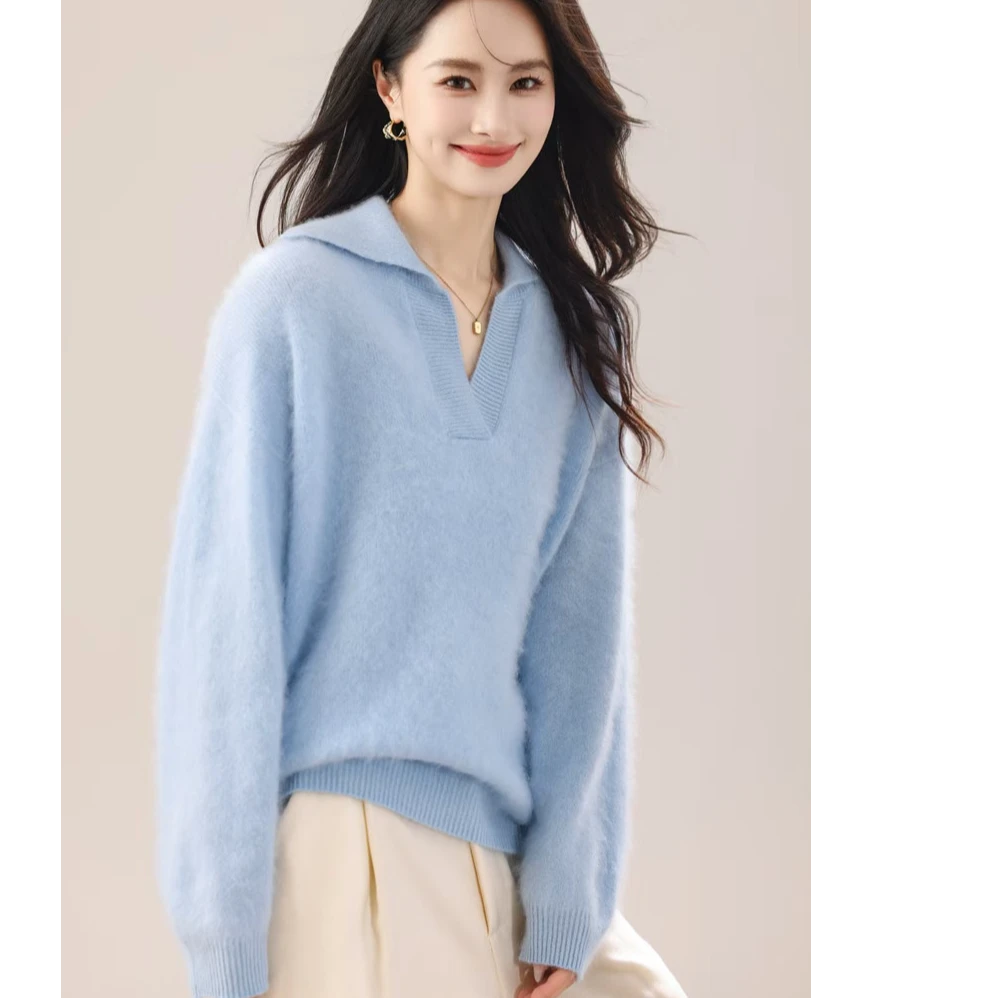 秋冬宽松拉毛羊毛衫新款加厚拉绒POLO领毛衣气质百搭翻领针织打底