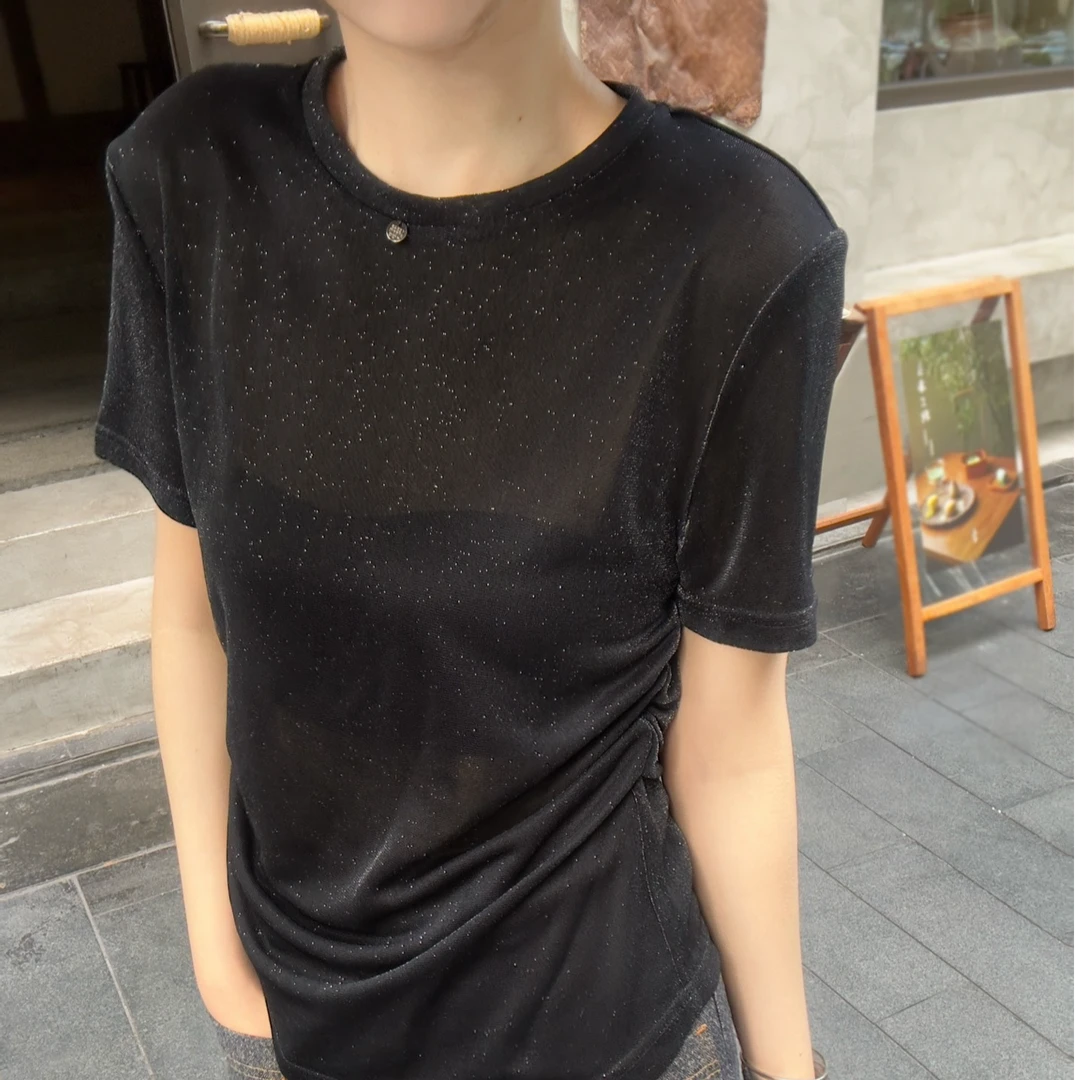 1553夏季新款圆领亮丝褶皱显瘦百搭短袖T恤上衣女
