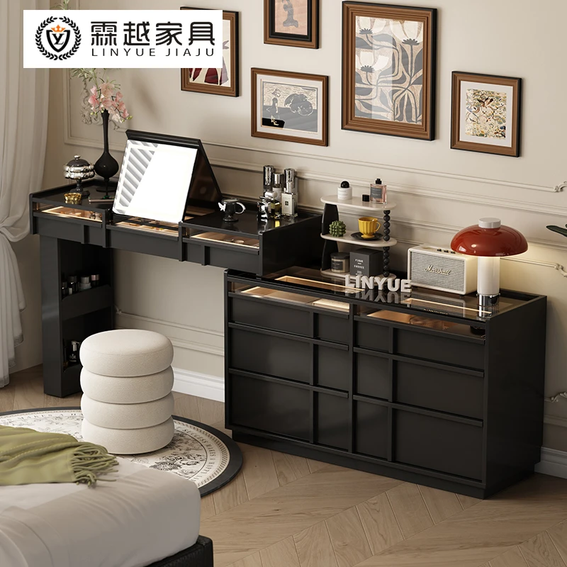 霖越中古风实木翻盖梳妆台斗柜法式复古卧室化妆桌高级床尾置物柜
