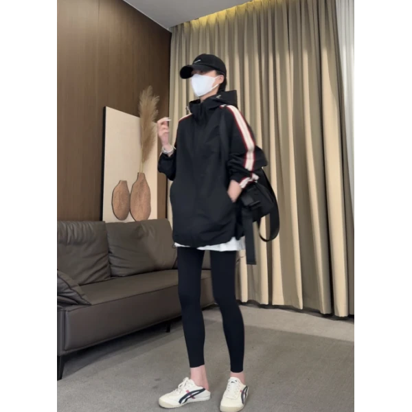 硕哥侧织带连帽冲锋衣外套春款百搭设计感撞色条纹上衣 22832