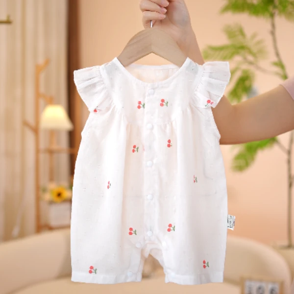 婴儿夏装连体衣洋气小樱桃薄款女宝宝满月爬服纯棉新生儿短袖哈衣