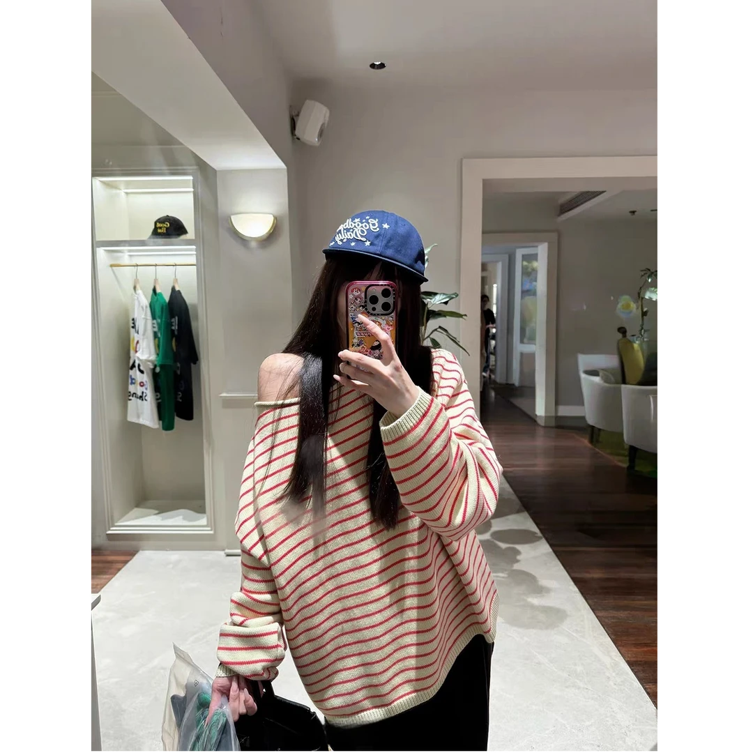 休闲文艺松弛感减龄学院风高级软糯撞色条纹一字领针织毛衣#Y6985