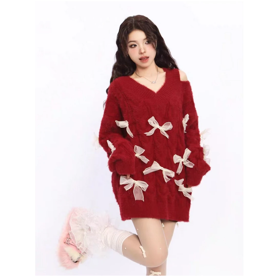 露肩开春新年氛围蝴蝶结毛衣女新款设计感慵懒风针织衫MZ046