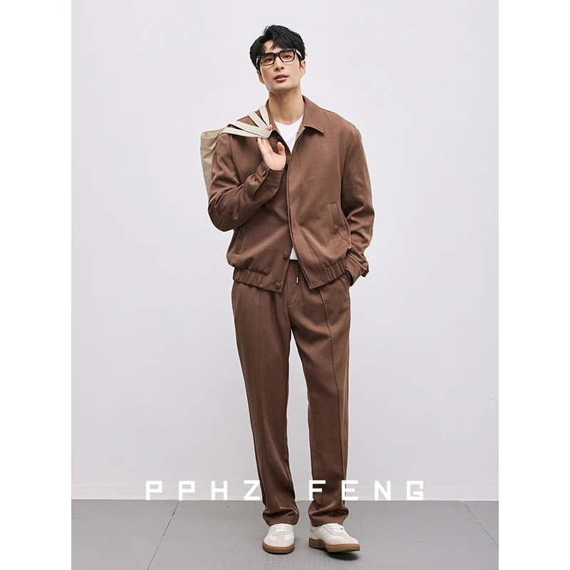 高级松弛感~轻奢控温天丝羊毛高阶运动休闲翻领夹克外套2件套装男
