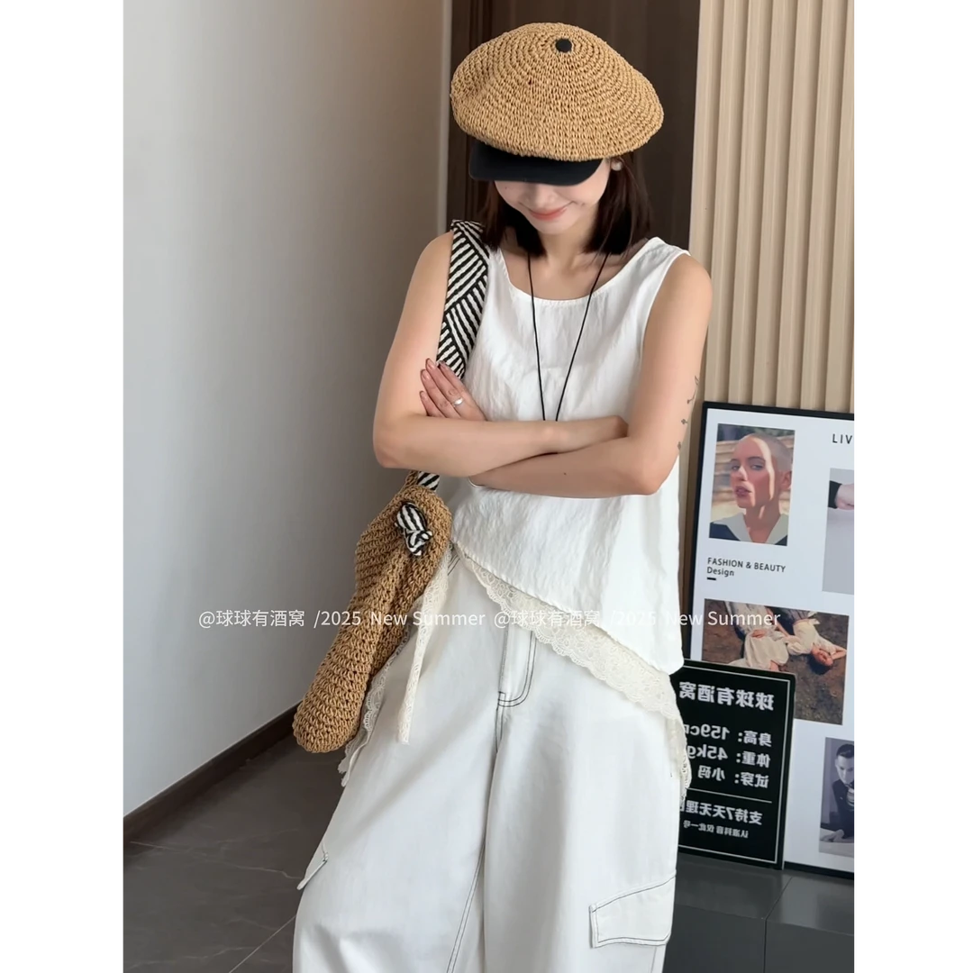 【球球定制】夏季新款圆领无袖背心休闲阔腿拖地裤开衫套装25067