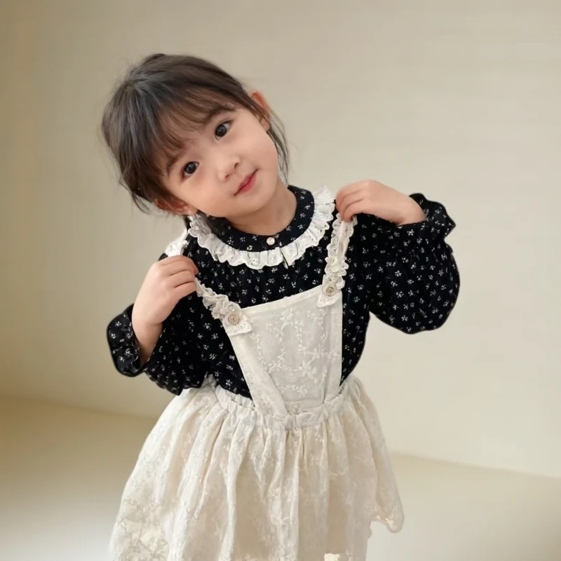 女宝春款两件套背带裙 黑底碎花衬衫+米白蕾丝裙 可拆分 【90-130】