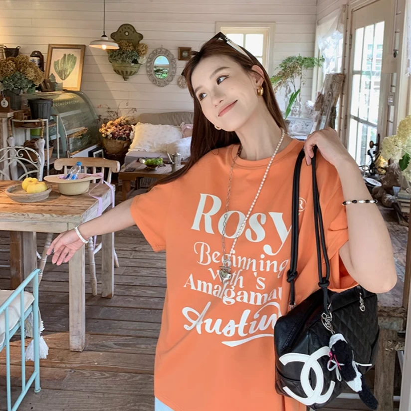 印花短袖T恤夏季2025新款美式宽松圆领上衣女